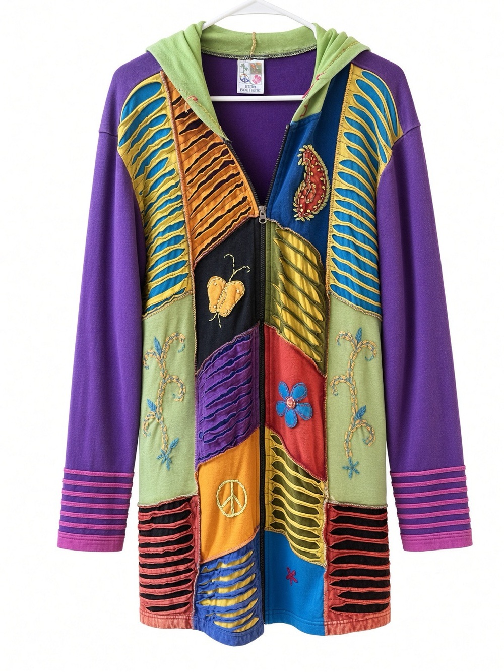 India Boutique Nepal Patchwork Razor Cut Hoodie Jacket XL Boho Fairy Grunge